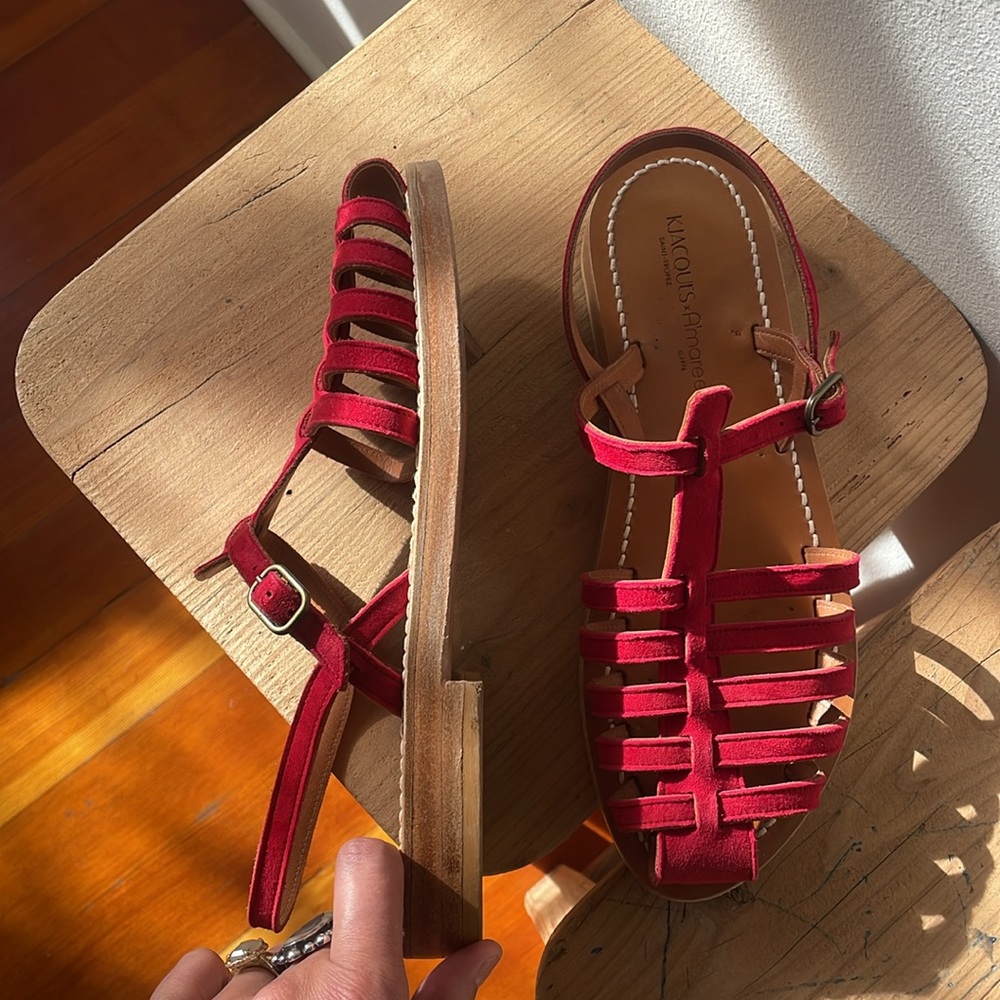 K. Jacques Adrien Red Suede Double Sole Sandals Size 41 Amarees Exclusive